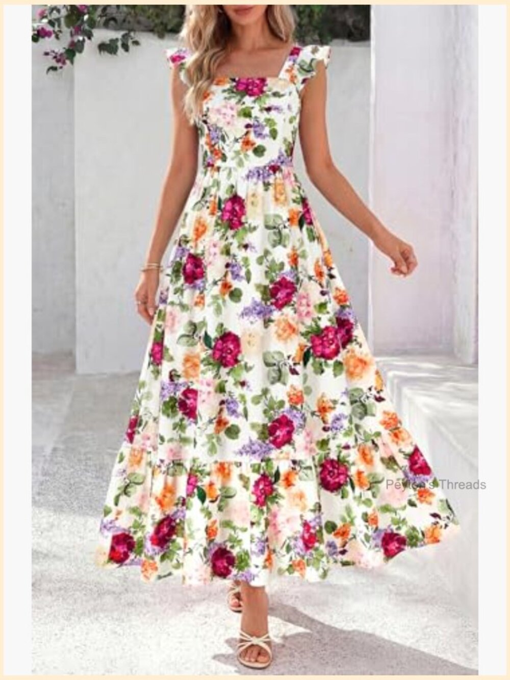 Ruffle Sleeve Square Neck Floral Boho Midi Dress Smocked Backless Tiered - Picture 6 of 7